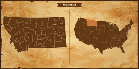 Montana state map, United States of America map with federal states in A vintage map based background, Political USA Map - obrazy, fototapety, plakaty