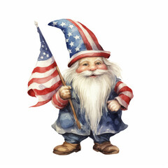 Playful cute gnome in traditional attire, clipart, clutching an American flag, detailed watercolor design, isolated on white background. - obrazy, fototapety, plakaty