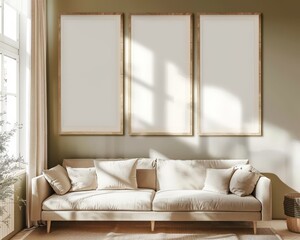 three vertical picture frames hanging over a white sofa in a living room -  white and empty mockup template for product placement