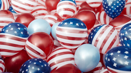 Wide shot of vibrant American flag balloons, offering a festive and colorful background with space for messages or ads