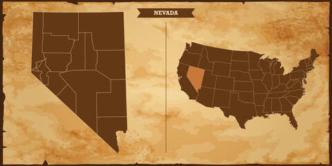 Nevada state map, United States of America map with federal states in A vintage map based background, Political USA Map - obrazy, fototapety, plakaty