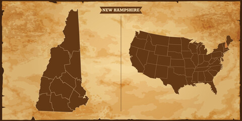 New Hampshire state map, United States of America map with federal states in A vintage map based background, Political USA Map - obrazy, fototapety, plakaty