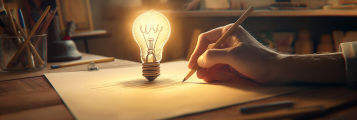 A serene setting of an artist sketching an idea in the form of a glowing lightbulb with warm light