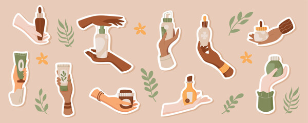 Flat natural makeup cream tube in hand sticker set, colorful cartoon skin care shampoo jar label pack, organic beauty product set, minimal moisturizing bodycare oil bottle, vector illustration.