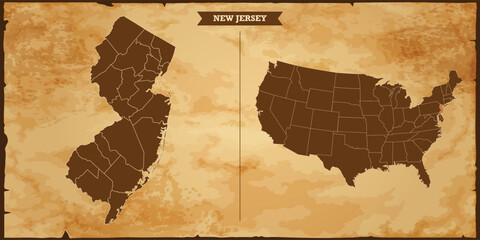 New Jersey state map, United States of America map with federal states in A vintage map based background, Political USA Map - obrazy, fototapety, plakaty