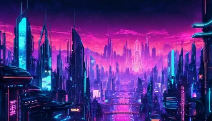 Obraz premium Cyberpunk-inspired background with futuristic cityscapes and neon lights.