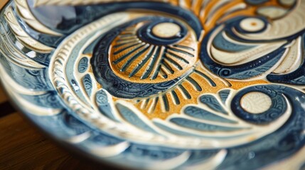 Fototapeta na wymiar A handpainted ceramic plate with a layered design of swirling patterns showcasing the artists precision and skill..