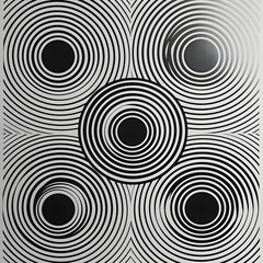 A black and white abstract painting of circles. The circles are of varying sizes and are arranged in a grid pattern. The painting evokes a sense of movement and energy, as if the circles are swirling