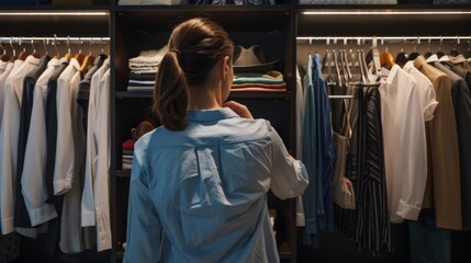 young woman standing in a walkin wardrobe looking at her clothes