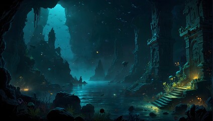 An eerie cartoon deep-sea view, illuminated by bioluminescent creatures and mysterious underwater ruins ai_generated