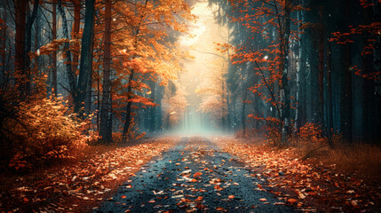 An inspiring image of a forest path leading through the autumn forest.