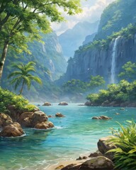 Obraz premium Turquoise beach with palm trees on a tropical island paradise