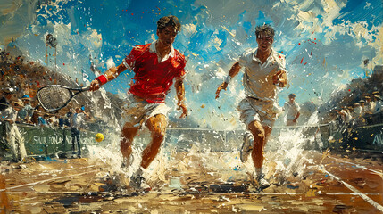 A painting depicting the climax of an exciting tennis match.
