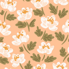Puffy flower garden forming a floral pattern with off white,cream,sage green,pastel peach. Great for homedecor,fabric,wallpaper,giftwrap,stationery,packaging design projects.