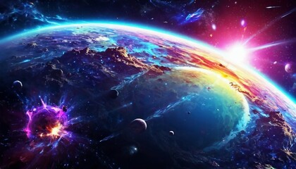 Abstract space exploration background with cosmic landscapes and sci-fi elements.