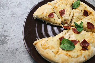 A Plate` of Italian Pizza Margherita With Cheese On Grey Concrete Table. Small Business Idea