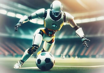スポーツの概念でスタジアムでサッカーをする人型ロボット	 - obrazy, fototapety, plakaty