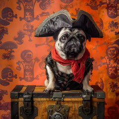 A small pug wearing a pirate costume and a red bandana sits on top of a wooden chest