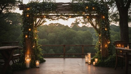 Rustic wooden wedding arch adorned with ivy and lights