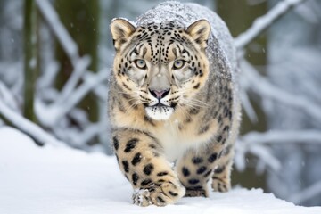 Naklejka premium Majestic snow leopard in winter landscape