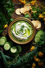 Creamy green dip with fresh herbs and vegetables