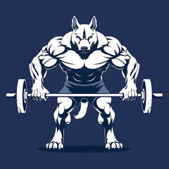 Aggressive looking hound in muscular human body, white flat logo, dark blue background
