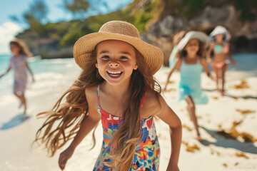 A young girl is running on the beach with her friends