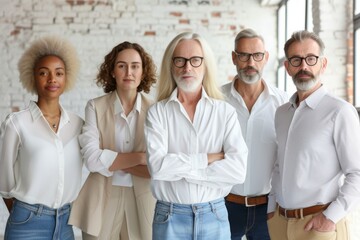 Portrait of mature businesspeople standing with arms crossed in office, looking at camera. Multiethnic group of businesspeople standing together in office. Teamwork concept - Powered by Adobe