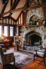 Wander into a Tudor-style vintage living room with a stone fireplace, oak paneling, and Tudor arches evoking the charm, Generative AI
