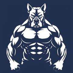 Aggressive looking hound in muscular human body, white flat logo, dark blue background