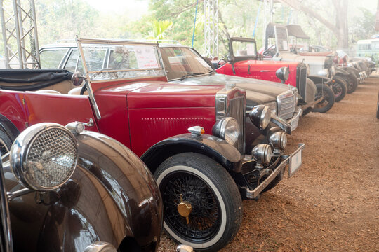 CHIANG-MAI, THAILAND - APRIL 28, 2024 : Classic cars show at the 89th anniversary of Kruba Sriwichai building the road up Doi Suthep.