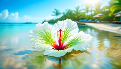 A white hibiscus flower placed on a tropical resort background with palm trees, a pool, and blue skies. - Powered by Adobe