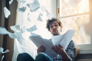 Man are stressed and reading paper sheet with paper flying. In the concept of problem, unsuccessful or failure