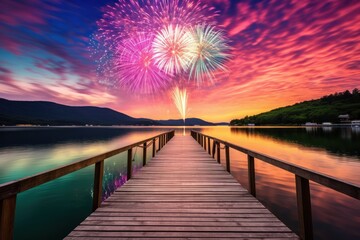 Fototapeta premium Vibrant Fireworks Display Over Serene Lake Landscape