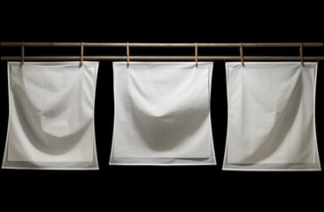 Blank white canvases hanging on a wooden rack