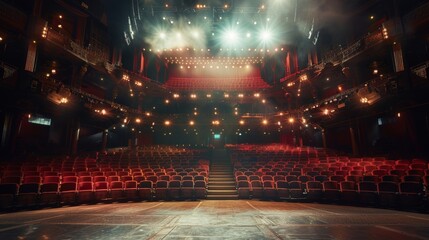 An empty theater with rows of red seats and bright lights shining from above. The stage is vacant, with no audience in sight.