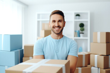 Man moving arrange cardboard box, home moving or renovation apartment