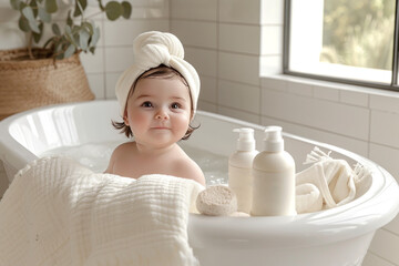 Happy time of cute baby girl taking a bath in bathtub