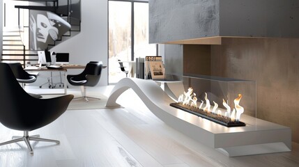 Fototapeta premium A chic modern office space with a bioethanol fireplace adding a touch of warmth and sophistication to the sleek decor. 2d flat cartoon.