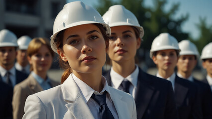 Businesswomen Wearing Hard Hats. The concept of productive, working women.