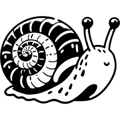 Funny slug insect in a spiral shell in monochrome. small garden snail. Simple minimalistic vector in black ink drawing on transparent background