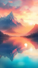 Fototapeta na wymiar Beautiful mountains that are reflected in the lake at sunrise. Landscape with lake and green sky