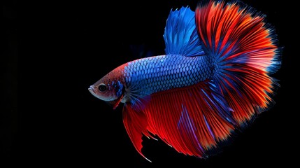 Fototapeta premium A Betta fish flaring its colorful tail fin in a defensive or aggressive display, with its vibrant colors and intricate patterns creating a stunning visual spectacle in the aquarium.
