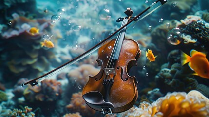 Fototapeta premium Violin submerged in water with fish and coral. Generated AI.
