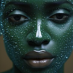 Mysterious green face with water droplets