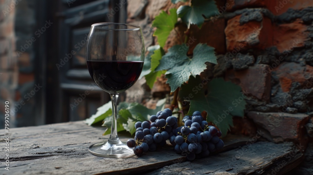 Canvas Prints Glass of red wine is on wooden table next to bunch of grapes