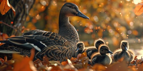 Mother duck and her ducklings are sitting on ground in fall - Powered by Adobe