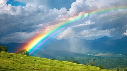 breathtaking view of a rainbow arching across the sky after a passing rainstorm, with vibrant colors blending seamlessly into the natural landscape, s
