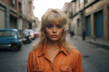 Fototapeta premium Confident woman in orange jacket on city street