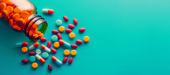 A jar of colorful pills is shown in a blue background